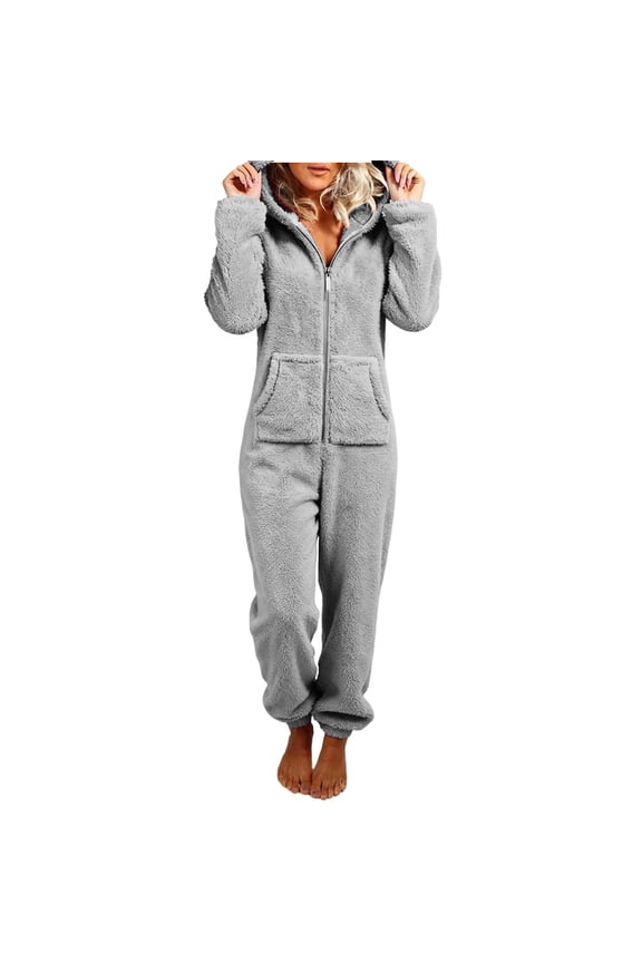 Sleepwear for Women Fleece Zipper Long Sleeve Cute Hooded Jumpsuit Solid Thicken Homewear Warm Unisex Winter Loungewear