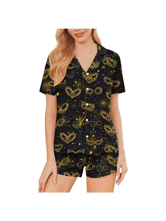 Sleepwear for Women Shorts 2 Piece Lapel Soft Pajama Set Button Down Lightweight Matching Set Mask Print Casual Nightwear