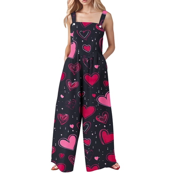 Cavosen Spring Rompers for Women Valentines Oversized Linen Jumpsuits Button Long Overalls with Pocket Heart Summer Work Rompers