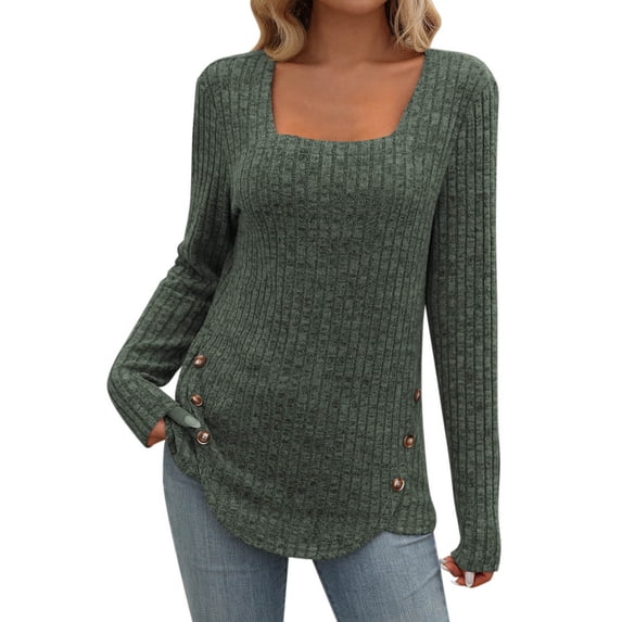 Cavosen Square Neck Sweaters for Women Long Sleeve Sweater Button Solid Pullover Fall Dressy Soft Tops