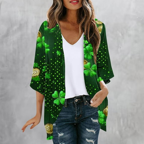 Cavosen St.Patrick's Day Cardigan Sweaters for Women Trendy Green Kimonos Shamrock Print Festival Open Front Cardigan 3/4 Sleeve Lightweight Holiday Outwear Beach Sweaters L