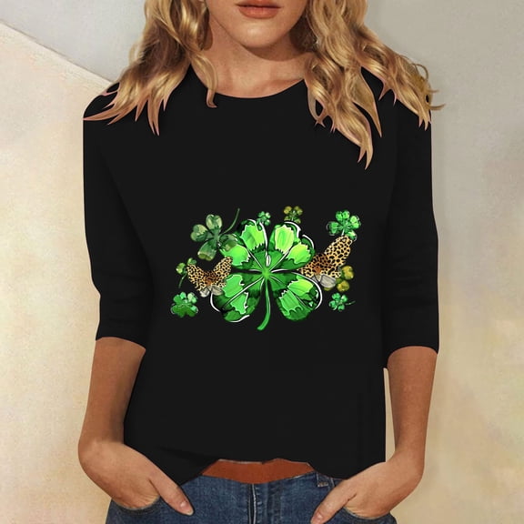 Cavosen St.Patrick's Day Dressy Tops for Women 3/4 Sleeve Holiday Shamrock Green Print Shirts Pullover Round Neck Festival Blouse Blessed Vacation Novelty Tees Casual Tshirts S