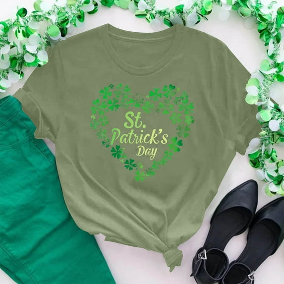 Cavosen St.Patrick's Day Flowy Tops for Women Short Sleeve Green Shamrock Letter Print Blouse Round Neck Irish Festival T-Shirts Dressy Holiday Shirts Casual Summer Tees S