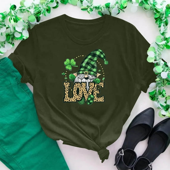 Cavosen St.Patrick's Day Shirts for Women Short Sleeve Casual Summer Green Shamrock Love Letter Gnome Print Tops Round Neck Festival Blouse Dressy Holiday T-Shirts Loose Tees S