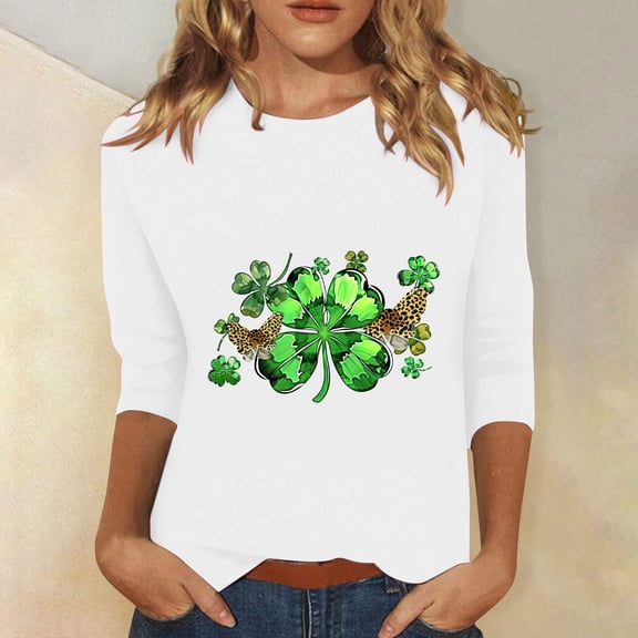 Cavosen St.Patrick's Day Womens 3/4 Sleeve Tops Casual Festival Shamrock Green Print Shirts Pullover Round Neck Holiday Tees Irish Vacation Stylish Tshirts Party Loose Tops M