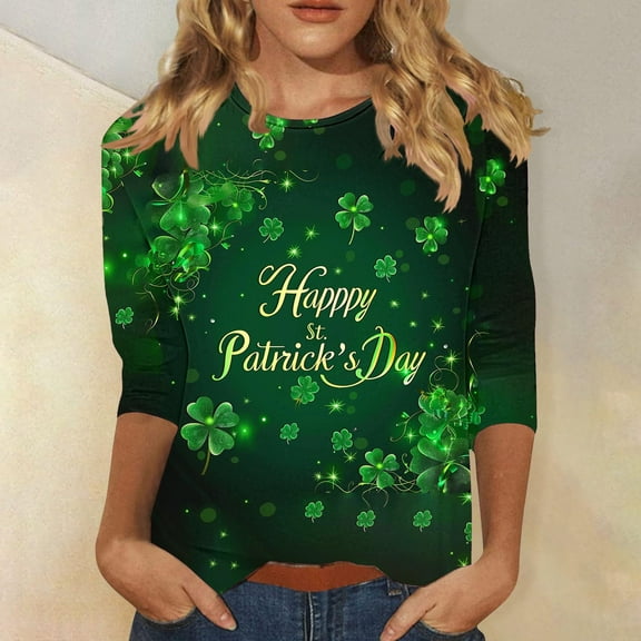 Cavosen St.Patrick's Day Womens Casual Tops 3/4 Sleeves Holiday Letter Shamrock Green Print Tops Pullover Crewneck Festival Blouse Blessed Vacation Novelty Shirts Dressy Tshirts L