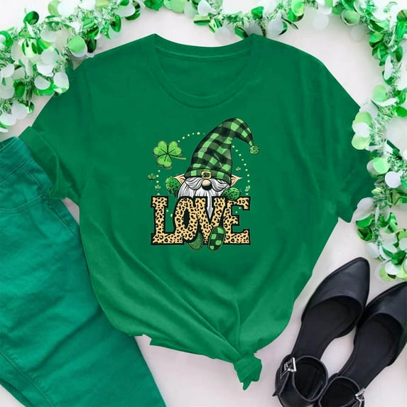 Cavosen St.Patrick's Day Womens Tees Short Sleeve Green Shamrock Love Letter Gnome Print T-Shirts Round Neck Irish Festival Tops Dressy Holiday Shirts Casual Summer Blouse 2XL