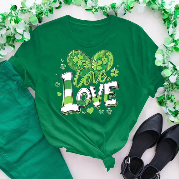 Cavosen St.Patrick's Day Womens Tops Short Sleeve Dressy Green Shamrock Love Letter Heart Print Blouse Crewneck Irish Festival Shirts Holiday T-Shirts Loose Summer Tees 2XL