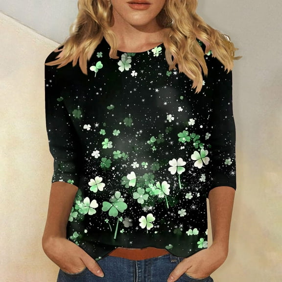 Cavosen St.Patrick's Day Womens Tops Three Quarter Sleeves Holiday 3/4 Sleeve Shamrock Green Print Tshirts Pullover Crewneck Festival Tees Blessed Vacation Fashion Blouse 3XL