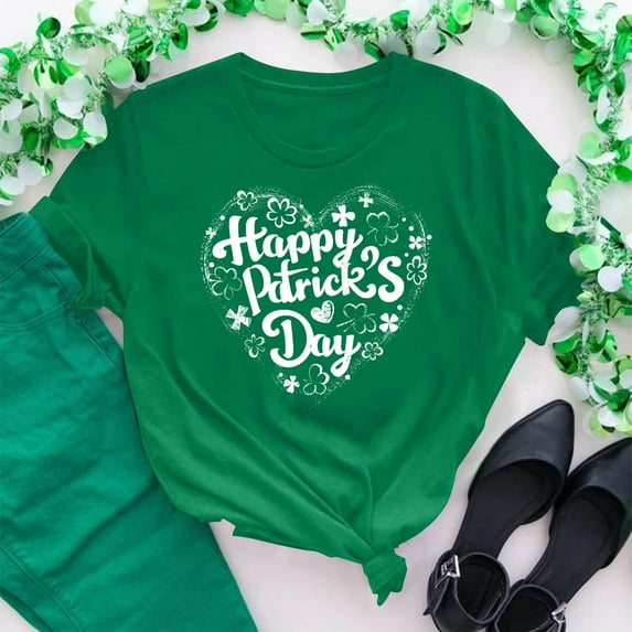 Cavosen St Patricks Day Blouses for Women Short Sleeve Shirts Casual Green Shamrock Happy Patrick's Day Letter Print Blouse Round Neck Holiday Tops Festival T-Shirts Summer Tees M