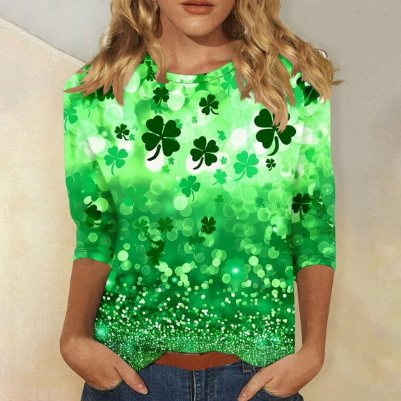 Cavosen St Patricks Day Cute 3/4 Sleeve Tops for Women Holiday Shamrock Green Print Tees Pullover Round Neck Festival Tshirts Blessed Vacation Trendy Shirts Dressy Tops 2XL