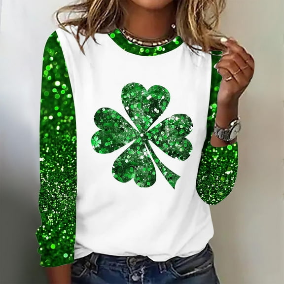 Cavosen St Patricks Day Ladies Tops Long Sleeve Dressy Festival Shamrock Green Print Tees Pullover Crewneck Holiday Tops Irish Vacation Fashion Shirts Party Loose Blouse 2XL
