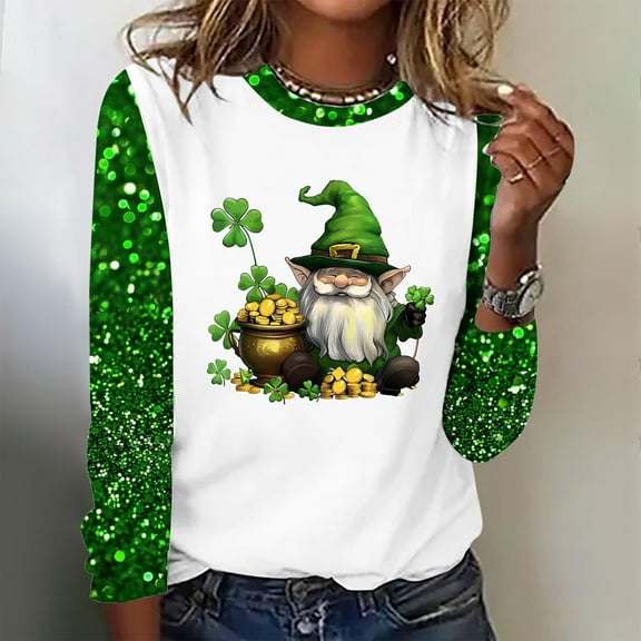 Cavosen Saint Patrick Day Womens T Shirts Long Sleeve Holiday Shamrock Gnome Green Print Tees Pullover Crewneck Festival Shirts Irish Vacation Fashion Tshirts Loose Blouse M