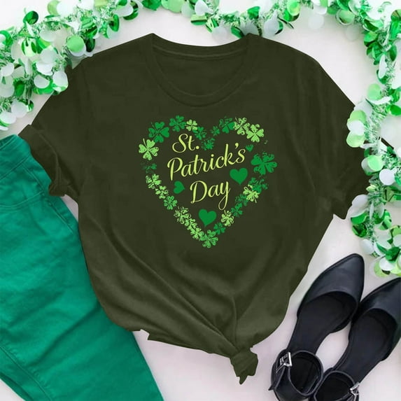 Cavosen St Patricks Day Tops for Women Short Sleeve Green Shamrock Letter Print T-Shirts Round Neck Irish Holiday Blouse Novelty Dressy Festival Shirts Loose Summer Tees XL