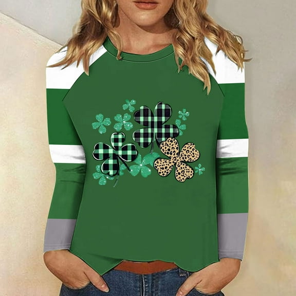 Cavosen St Patricks Day Women's Shirts Long Sleeve Casual Festival Shamrock Green Print Tees Pullover Crewneck Holiday Tops Irish Vacation Stylish Shirts Loose Tshirts 3XL