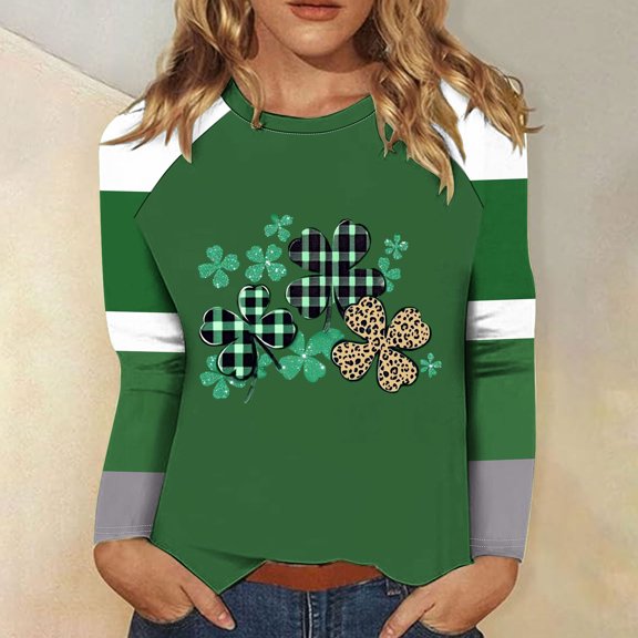Cavosen St Patricks Day Womens Shirts Long Sleeve Dressy Holiday Shamrock Green Print Shirts Pullover Crewneck Festival Tshirts Blessed Vacation Stylish Blouse Loose Tops M