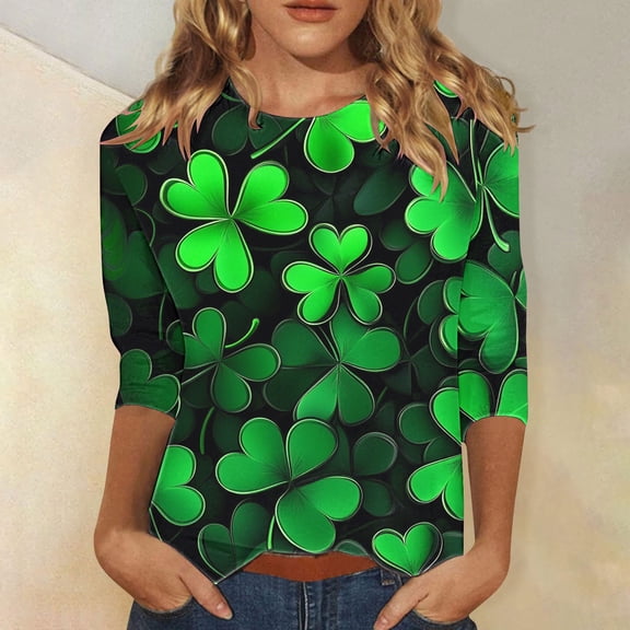 Cavosen St Patricks Day Womens Tops 3/4 Sleeve Crew Neck Festival Shamrock Green Print Tops Pullover Holiday Shirts Blessed Vacation Novelty Tees Party Traditional Casual Blouse L