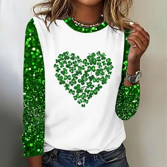Cavosen St Patricks Day Womens Tops Long Sleeve Crew Neck Tshirt Festival Shamrock Heart Green Print Tshirts Pullover Holiday Blouse Blessed Vacation Stylish Shirts Loose Tops S
