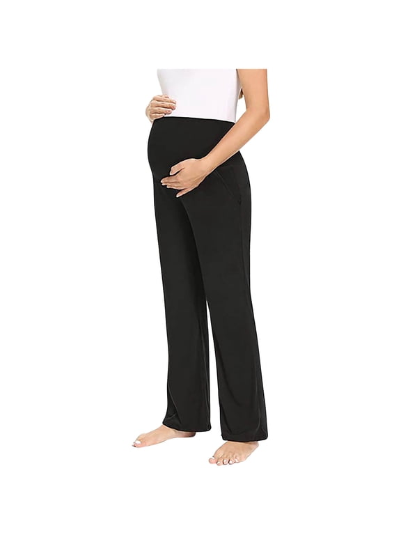 Straight Leg Sweatpants Maternity Over The Belly High Waist Soft Pants Stretch Solid Pregnancy Pants Breathable Workout Pants Black 2XL