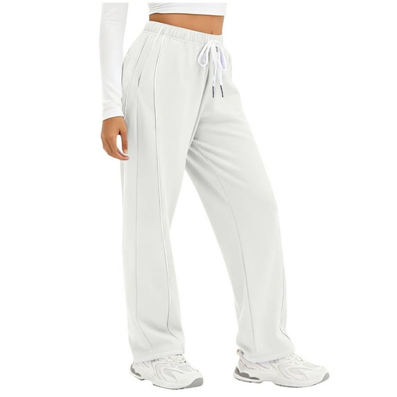 Cavosen Straight Leg Sweatpants Womens Trousers Solid Lightweight Drawstring Elastic Waist Sweatpants Versatile Pants with Pocket White L