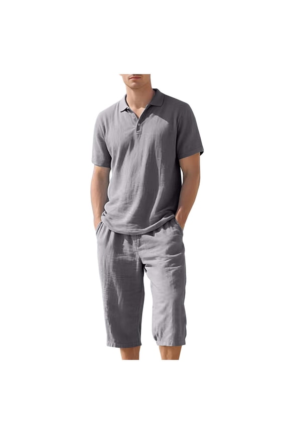 Suits Matching Set 2PC Linen Big and Tall Drawstring Short Sleeve Lapel Button Shirt Elastic Waist Capri Pants Solid Summer Sets