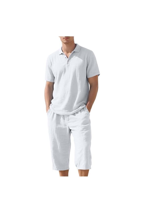 Suits Matching Set 2PC Linen Big and Tall Drawstring Short Sleeve Lapel Button Shirt Elastic Waist Capri Pants Solid Summer Sets