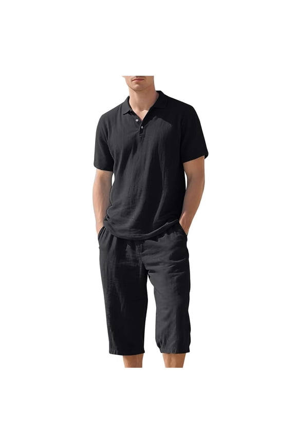 Suits Matching Set 2PC Linen Big and Tall Drawstring Short Sleeve Lapel Button Shirt Elastic Waist Capri Pants Solid Summer Sets