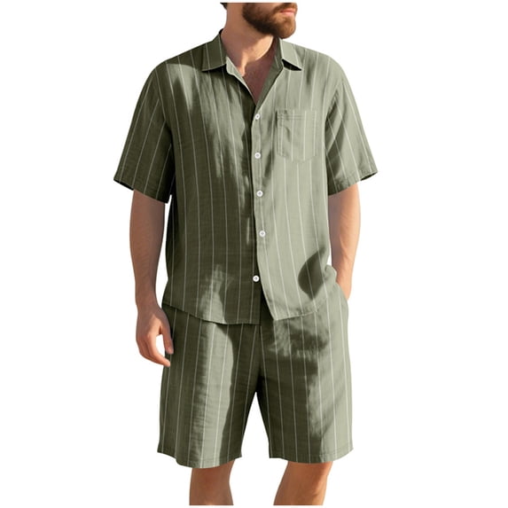 Cavosen Suits Two Piece 2PC Linen Big and Tall Drawstring Short Sleeve Lapel Button Shirt Elastic Waist Shorts Stripe Trendy Sets