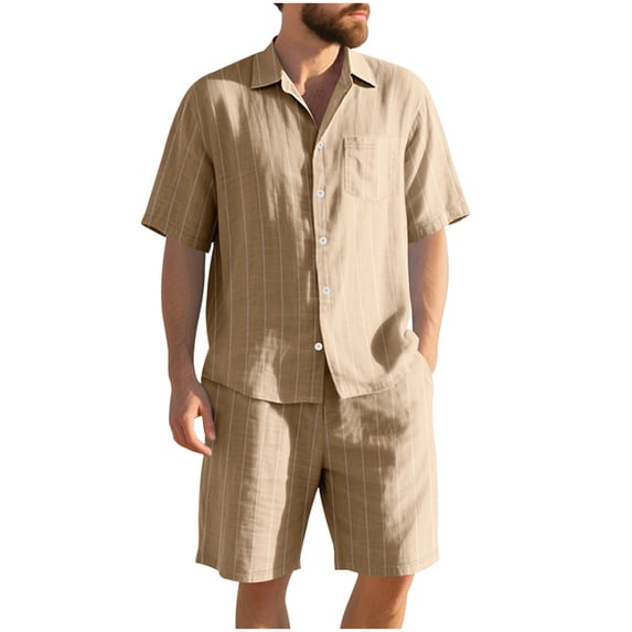 Cavosen Suits Two Piece 2PC Linen Big and Tall Drawstring Short Sleeve Lapel Button Shirt Elastic Waist Shorts Stripe Trendy Sets