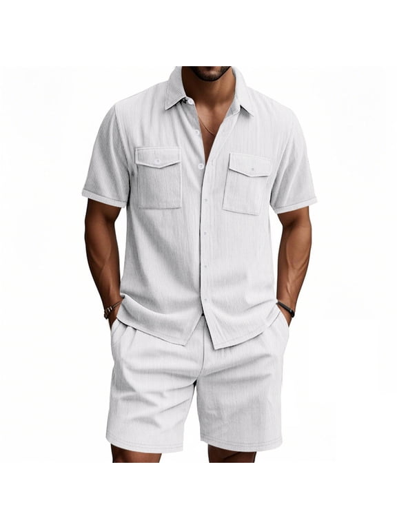 Suits with Shorts 2PC Corduroy Big and Tall Drawstring Short Sleeve Lapel Shirt Pants Solid Beach Sets with Pockets