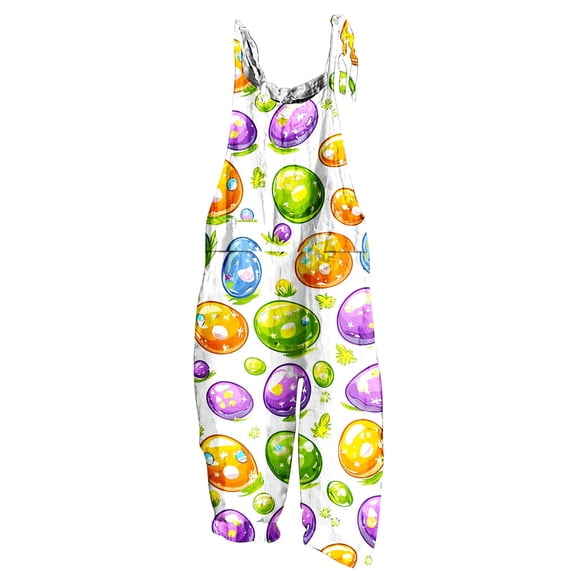 Cavosen Summer Jumpsuits for Women Easter Oversized Jumpsuits Wide Leg Long Overalls with Pocket Easter Eggs Summer Cute Rompers