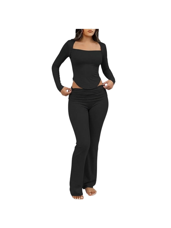 Summer Long Sets for Women 2 Piece Crew Neck Cozy Pajama Set Slim Matching Set Solid Classic Sleepwear