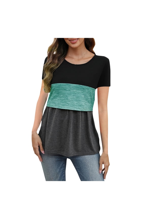 Summer Maternity Clothes Over Belly Double Laye Short Sleeve Maternity Shirt Crewneck Breastfeeding Comfortable Blouses A Line Tunic Postpartum Office Clothes