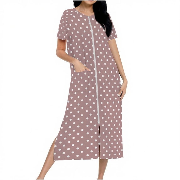 Cavosen Summer Pajamas for Women Knit Long Lightweight Bathrobe Pocketed Cozy Sleep Dress Heart Gradient Comfortable Zipper Sleepwear