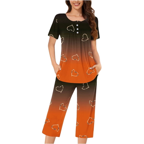 Cavosen Summer Short Sets for Women 2 Piece Plus Size Short Sleeve V Neck Button T Shirts Wide Leg Capri Pants Gradient Vacation Sets with Pockets