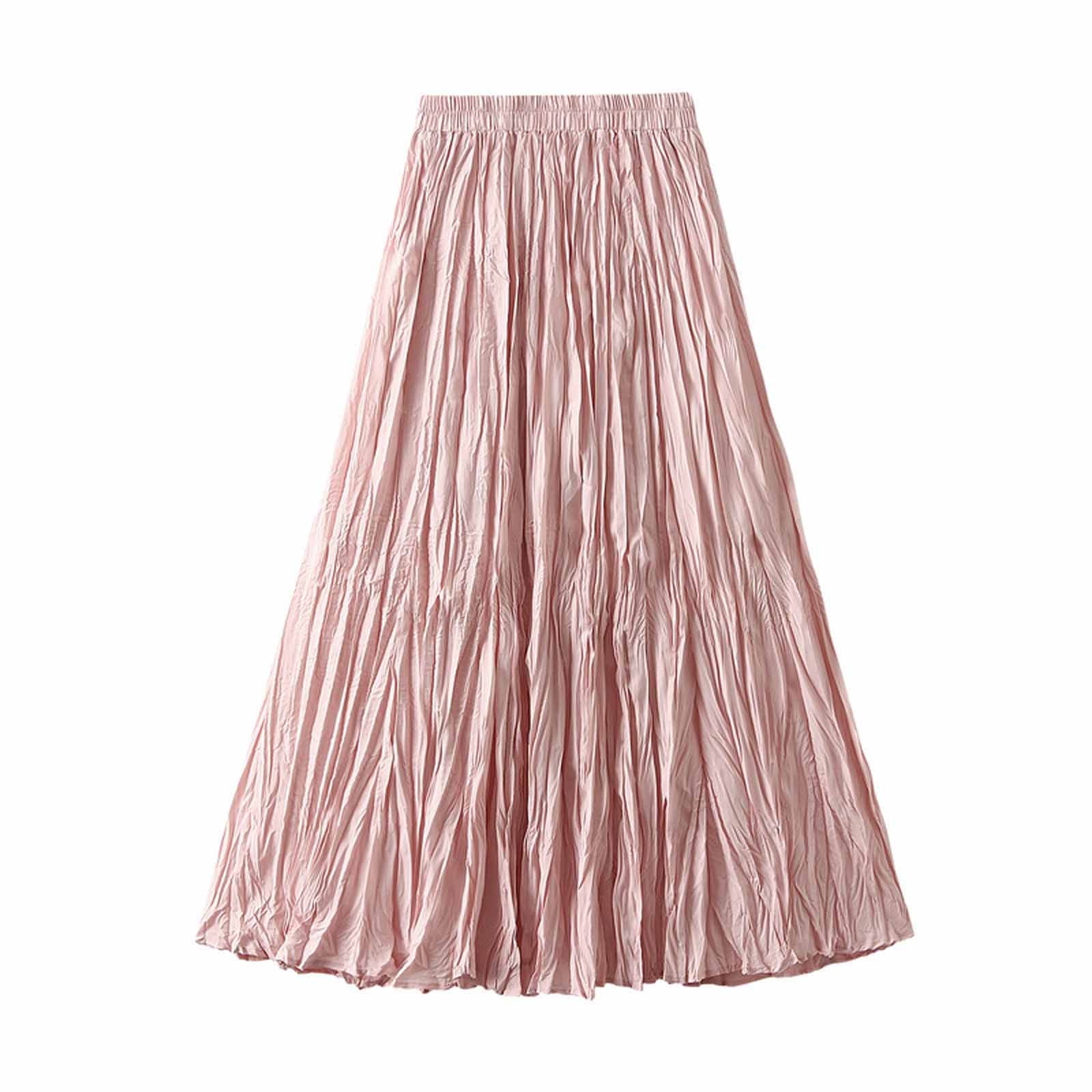 Cavosen Summer Skirts for Women Knee Length Midi Calf Length Skirts Pleated Pencil Skirts High Elastic Waist Solid Color Summer Skirts Flowy Slimming Dress Beachwear Pink