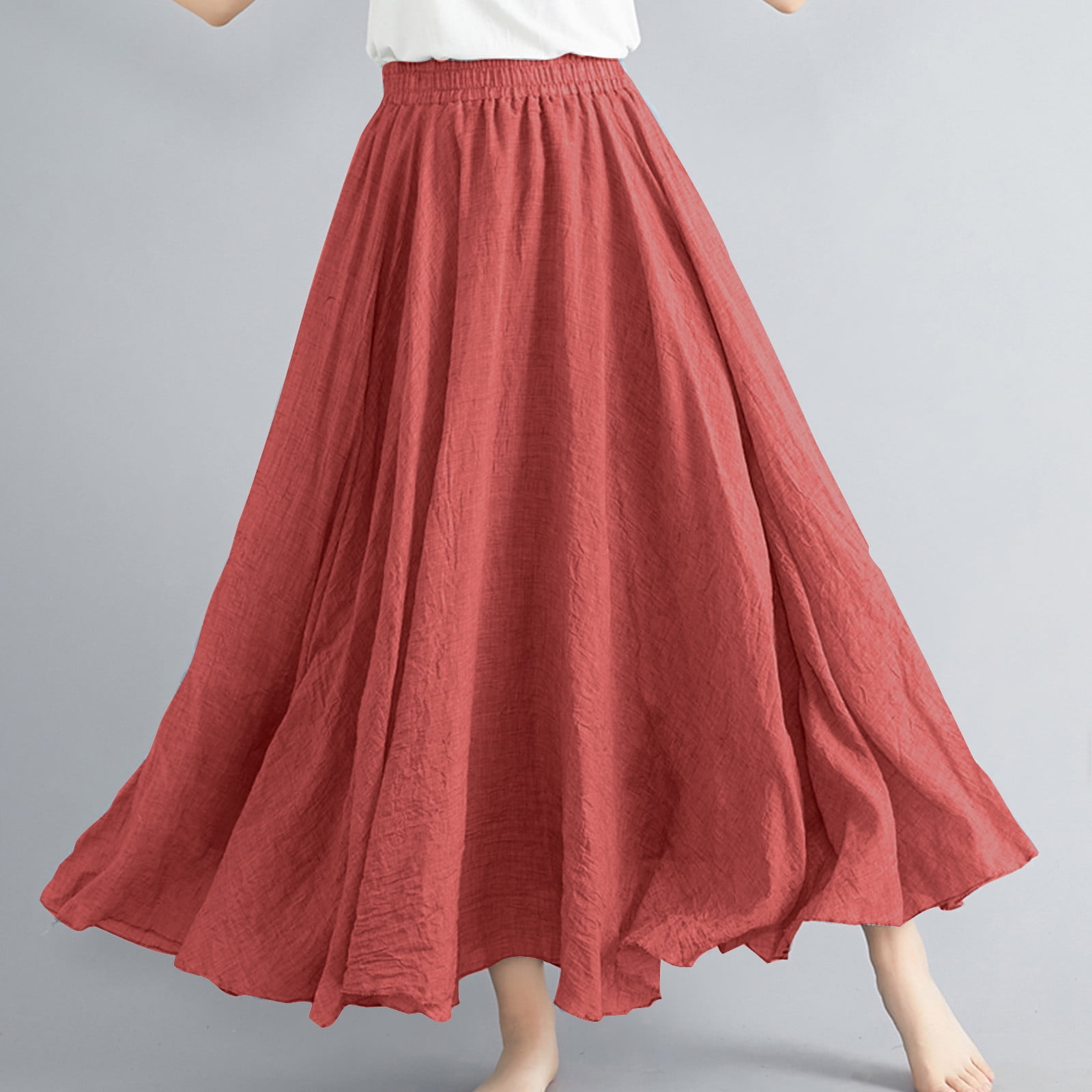 Cavosen Summer Skirts Women Long Maxi Ankle Length Skirts Linen Pleated Pencil Skirts Elastic Waist Plain Summer Skirts Oversized Dress Athletic Beachwear Casual Resortwear Red