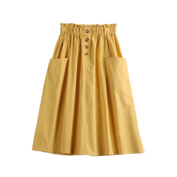 Cavosen Summer Skirts for Women Flowy Loose Solid Pleated Elastic Waist Midi Skirt Ladies A Line Casual Soft Summer Skirt Yellow Free Size