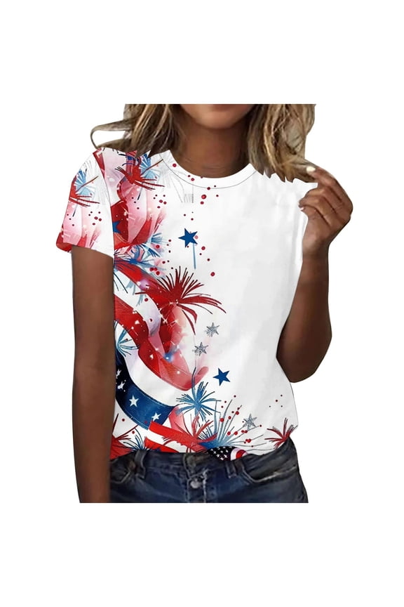 Summer Tops Short Sleeve Crew Neck Dressy Patriotic Tee Red White and Blue Graphic Shirt Basic Tops