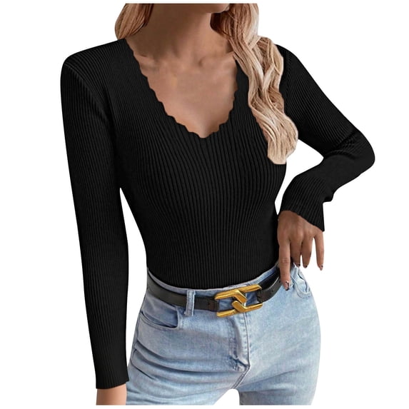 Cavosen Sweaters for Women V Neck Knit Long Sleeve Sweater Solid Pullover Fall Cute Lightweight Soft Outfits