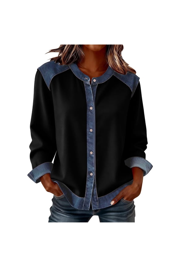Sweatshirts Long Sleeve Pullover Denim Crew Neck Patchwork Sweater Long Sleeve Button Solid Soft Loose Shirt Trendy Tops Black M