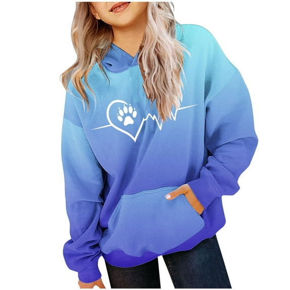 Cavosen Sweatshirts for Teens Trendy Girls Boys Toddler to Big Kids Long Sleeve Round Neck Pullover Sweatshirts Gradient Heart Dog Paw Print Fashion Sweatshirts Tops with Pocket Blue 3T