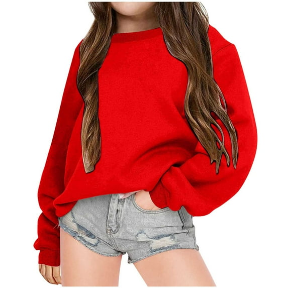 Cavosen Sweatshirts Trendy Girl Kid Boys Toddler to Little Kids Long Sleeve Round Neck Pullover Sweatshirts Solid Fashion Sweatshirts Tunic Winter Warm Soft Clothes Winter Red 7T