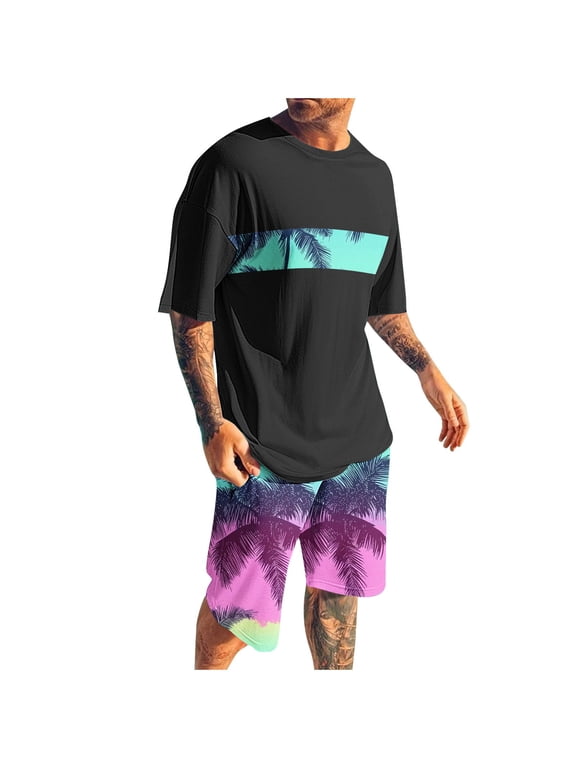 Swim Suits for Men 2PC Big and Tall Oversized Short Sleeve Crewneck Shirt Elastic Waist Shorts Print Going Out Tracksuit