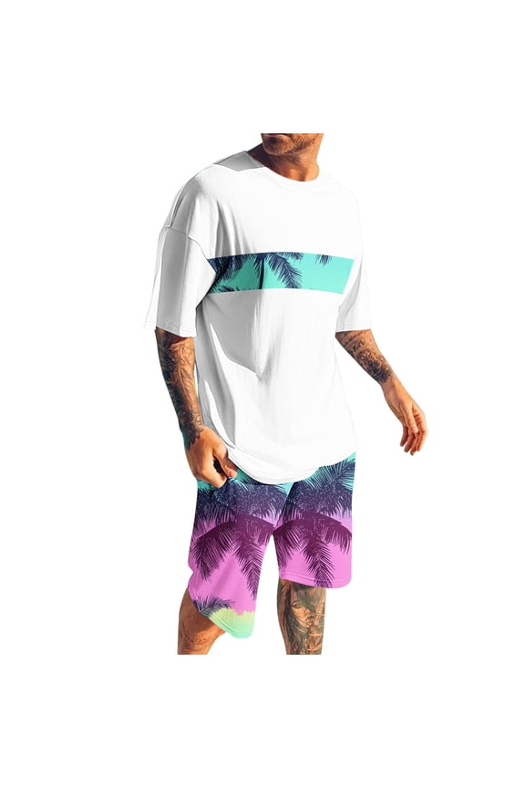 Swim Suits for Men 2PC Big and Tall Oversized Short Sleeve Crewneck Shirt Elastic Waist Shorts Print Going Out Tracksuit
