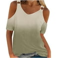 thumbnail image 1 of Cavosen T Shirts for Women Short Sleeve Summer Cold Shoulder Sleeve V-Neck Pullover Tees Gradient Ring Hole Tops Novelty Tunic Shirts T Shirt Blouses Casual Slim Fit Brown 2XL, 1 of 4