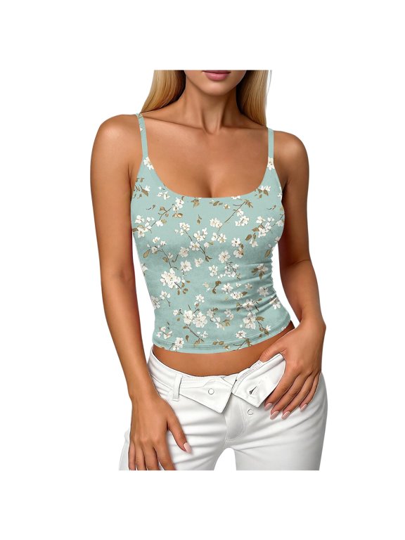 Tank Top with Bra Sleeveless Slim Camisole Spaghetti Straps Adjustable Cropped Tee Floral Breathable Bohe Tops