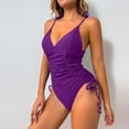 thumbnail image 1 of Cavosen Tankini Bathing Suits Women Wireless Padded V Neck One Piece Bathing Suit Backless V Neck Swimsuit Ruched Drawstring Workout Swimwear Summer Vacation Beachwear Purple S, 1 of 5
