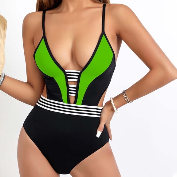 Cavosen Tankini Swimsuits Womens Wireless Padded V Neck One Piece Bathing Suit Cut Out Backless V Neck Swimsuit Bandage Workout Swimwear Summer Vacation Beachwear Green S