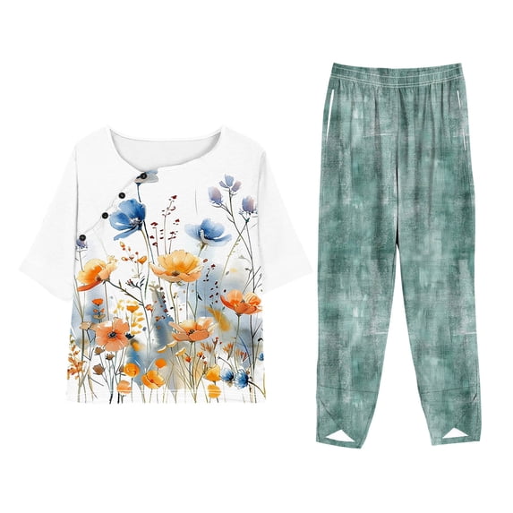 Cavosen Tee Shirts Womens 2 Piece Plus Size Oversized Short Sleeve Crewneck T Shirts Wide Leg Long Pants Floral Matching Sets